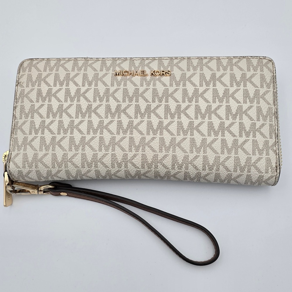Michael Kors Jet Set Travel Large Continental Wallet Wristlet MK Vanilla/Brown